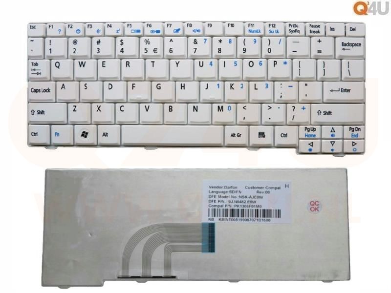 Acer Aspire One D250 A150 ZG8 A110 series laptop toetsenbord, US - zilver