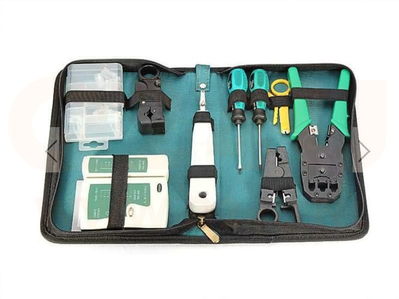 Netwerk tool kit, 8 delig, RJ45 RJ11 tester, compleet in nylon draagtas
