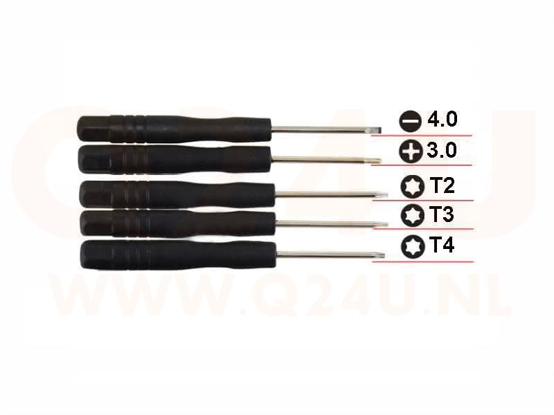 5 delig schroevendraaier set, torx T2 T3 T4, streep 4 mm, kruiskop 3 mm