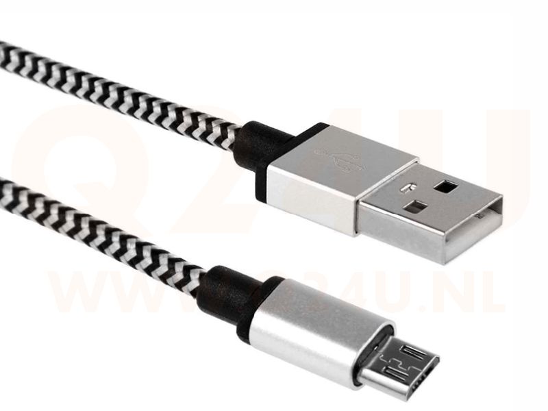 Q24U HQ nylon USB - micro USB oplaad - data kabel 1M - zwart - zilver