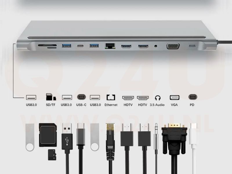 USB-C hub, 12 in 1. RJ45, 3x USB, 2x HDMI, 1x VGA, audio
